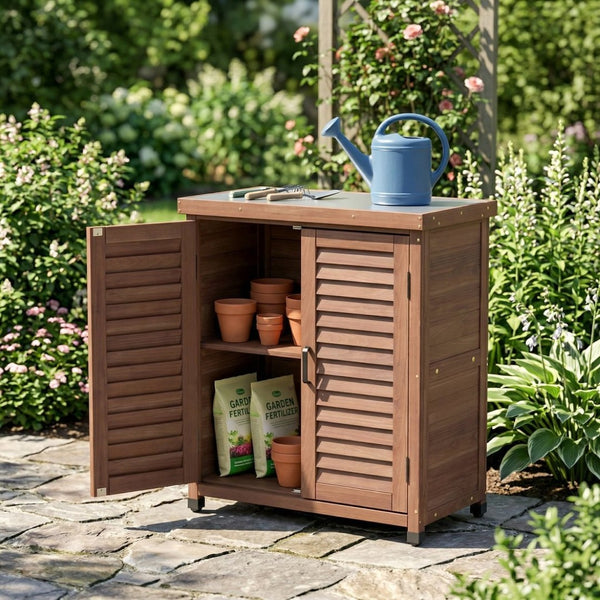 English Elm Potting Bench Solid Wood Workstation with Metal Top Louvered Cabinet Outdoor Garden Brown W2640P228401