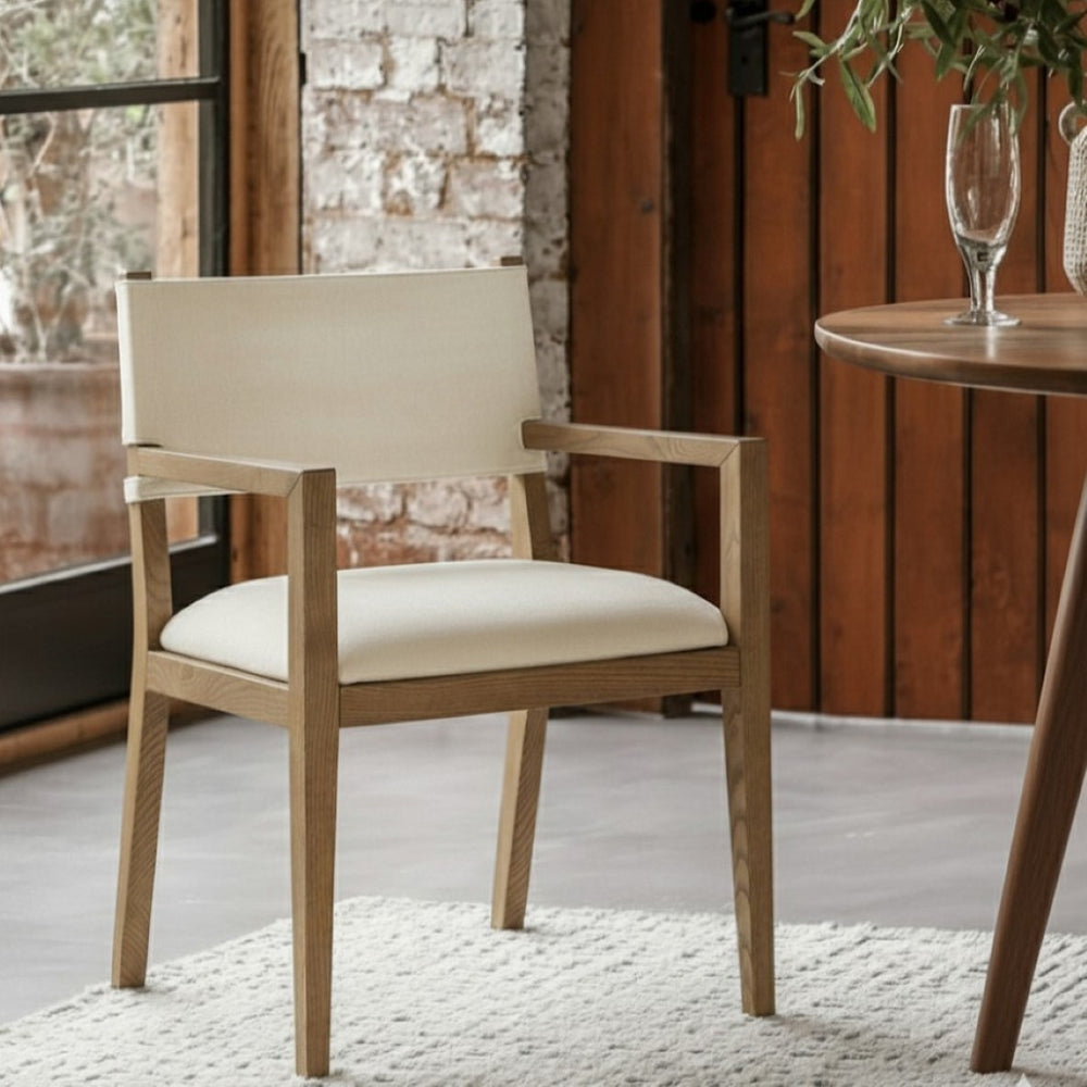 Meridian Furniture Avon Linen Performance Upholstered Arm Chair with Solid Ash Frame for Dining Rooms 88014Beige-AC