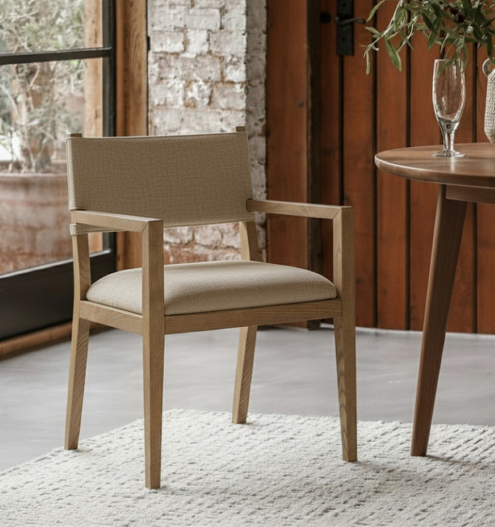 Meridian Furniture Avon Upholstered Arm Chair Solid Ash Frame Linen Performance Fabric Dining Room 88014Brown-AC