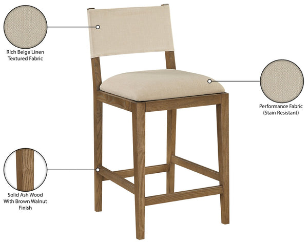 Meridian Furniture Avon Upholstered Counter Stool Walnut Ash Frame Stain Resistant Linen Kitchen Island 88015Beige-C