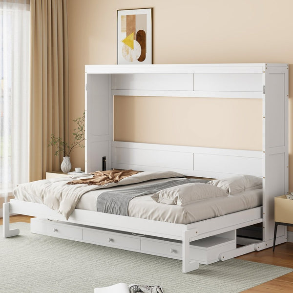 English Elm Queen Murphy Bed Cabinet with Vanity Desk Hydraulic Lift Mirror Distressed Finish White LP000766AAK-1