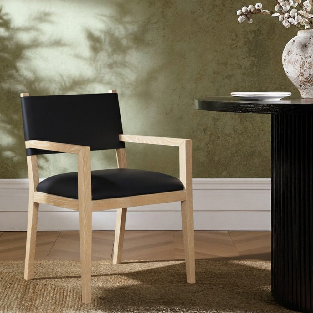Meridian Furniture Avon Vegan Leather Dining Arm Chair with Ash Wood Legs for Modern Spaces 88016Black-AC