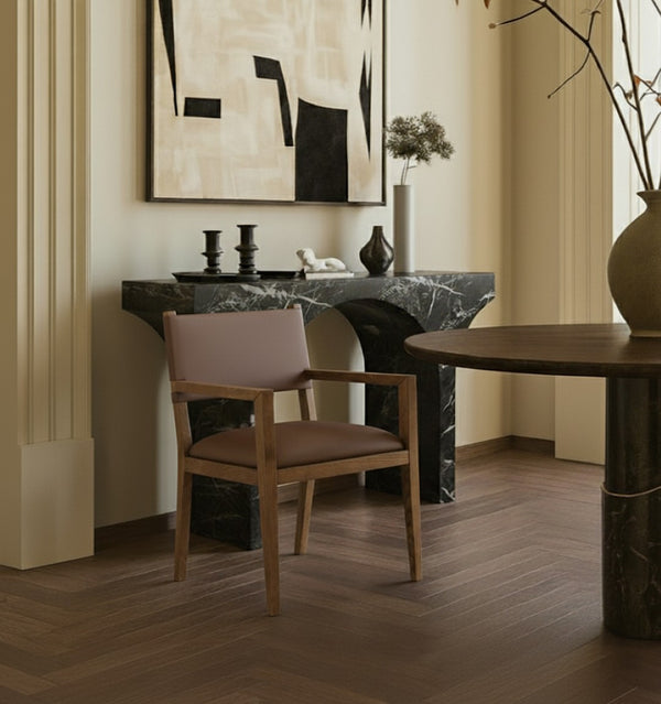 Meridian Furniture Avon Vegan Leather Dining Arm Chair with Solid Ash Wood Legs for Modern Spaces 88018Brown-AC