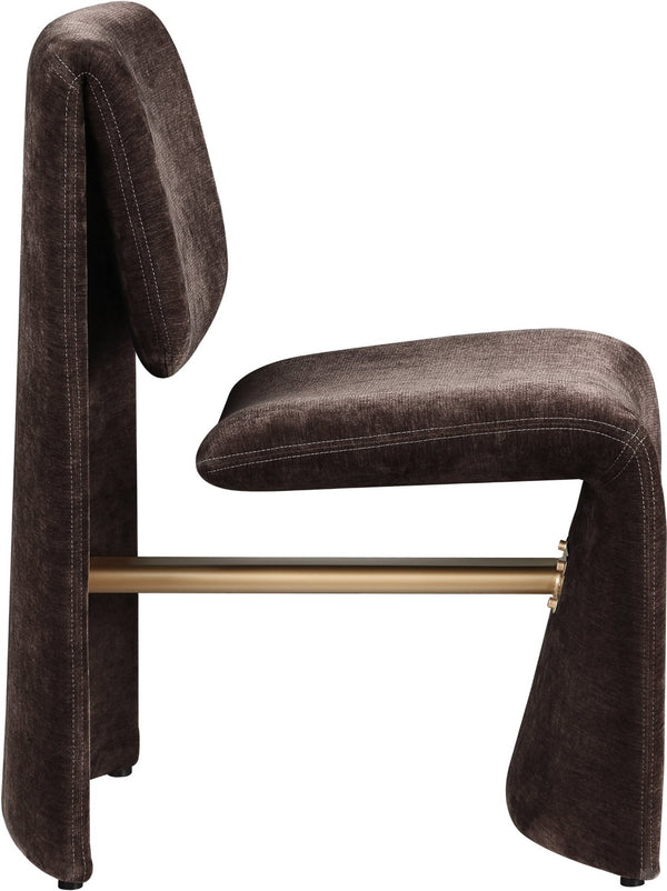Meridian Furniture Slique Sculptural Upholstered Dining Chair with Brushed Brass Iron Frame for Modern Rooms Brown 88020Brown-C