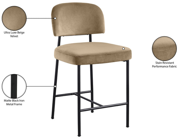 Meridian Furniture Zarelle Velvet Upholstered Counter Stool with Matte Black Iron Frame for Kitchen Islands Beige 88022Beige-C