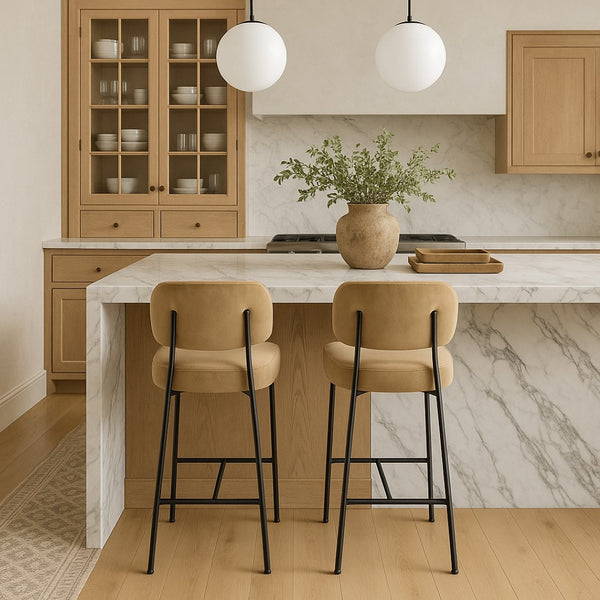 Meridian Furniture Zarelle Velvet Upholstered Counter Stool with Matte Black Iron Frame for Kitchen Islands Beige 88022Beige-C