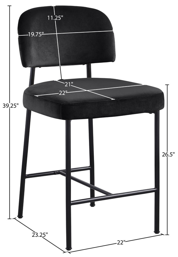 Meridian Furniture Zarelle Velvet Upholstered Counter Stool with Matte Black Iron Frame for Kitchen Islands Black 88022Black-C