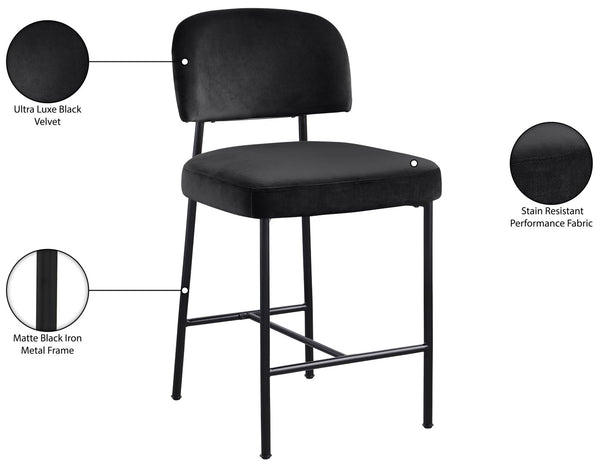 Meridian Furniture Zarelle Velvet Upholstered Counter Stool with Matte Black Iron Frame for Kitchen Islands Black 88022Black-C