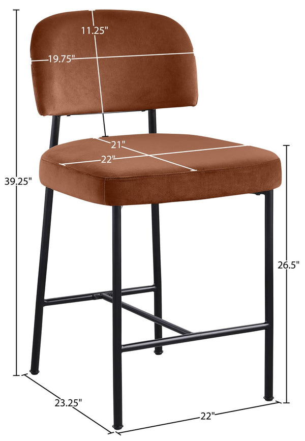 Meridian Furniture Zarelle Velvet Upholstered Counter Stool with Matte Black Iron Frame for Kitchen Islands Cognac 88022Cognac-C