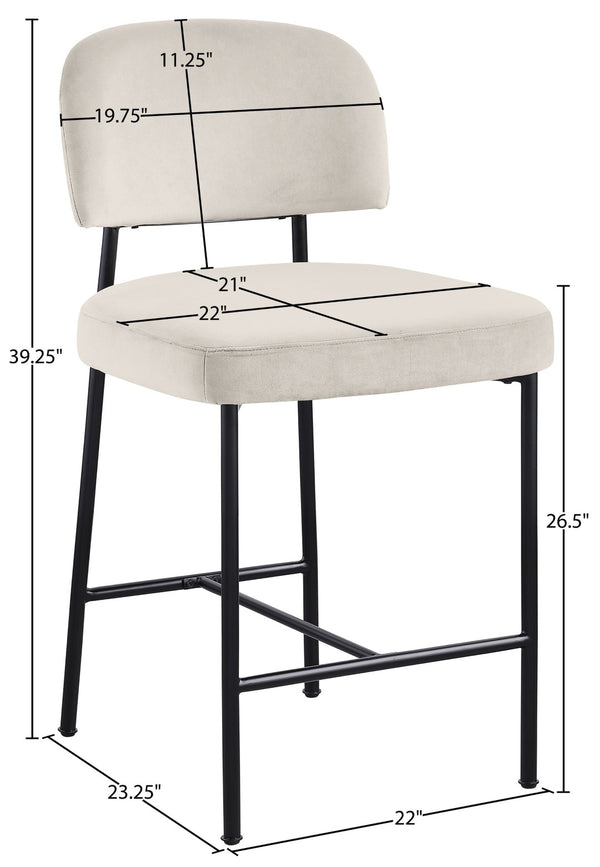 Meridian Furniture Zarelle Velvet Upholstered Counter Stool with Matte Black Iron Frame for Kitchen Islands Cream 88022Cream-C