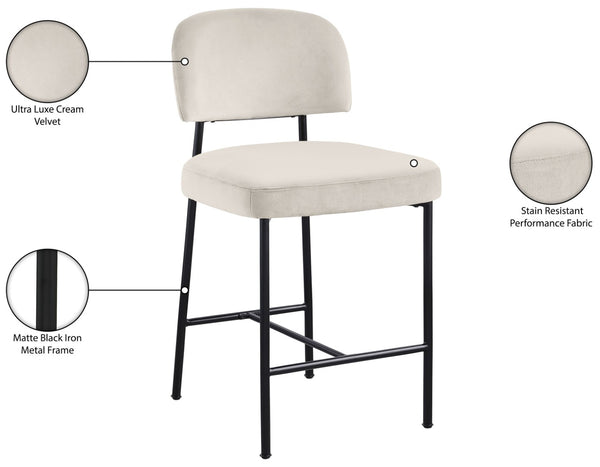 Meridian Furniture Zarelle Velvet Upholstered Counter Stool with Matte Black Iron Frame for Kitchen Islands Cream 88022Cream-C