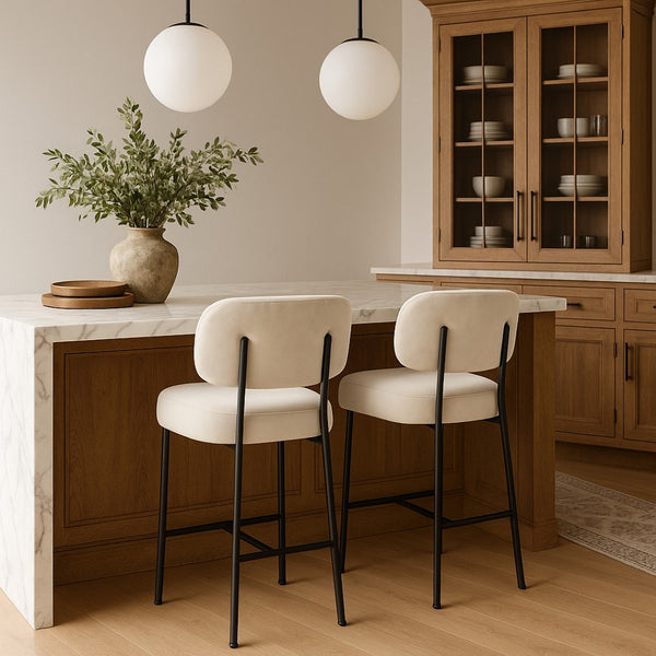 Meridian Furniture Zarelle Velvet Upholstered Counter Stool with Matte Black Iron Frame for Kitchen Islands Cream 88022Cream-C