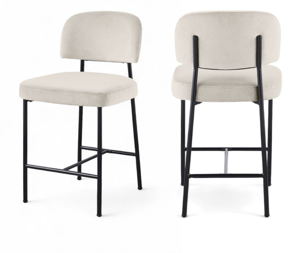 Meridian Furniture Zarelle Velvet Upholstered Counter Stool with Matte Black Iron Frame for Kitchen Islands Cream 88022Cream-C