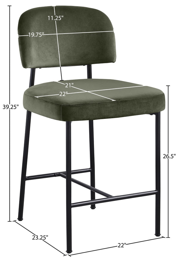Meridian Furniture Zarelle Velvet Upholstered Counter Stool with Matte Black Iron Frame for Kitchen Islands Green 88022Green-C