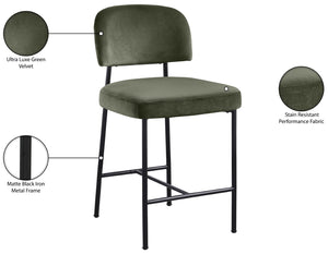 Meridian Furniture Zarelle Velvet Upholstered Counter Stool with Matte Black Iron Frame for Kitchen Islands Green 88022Green-C