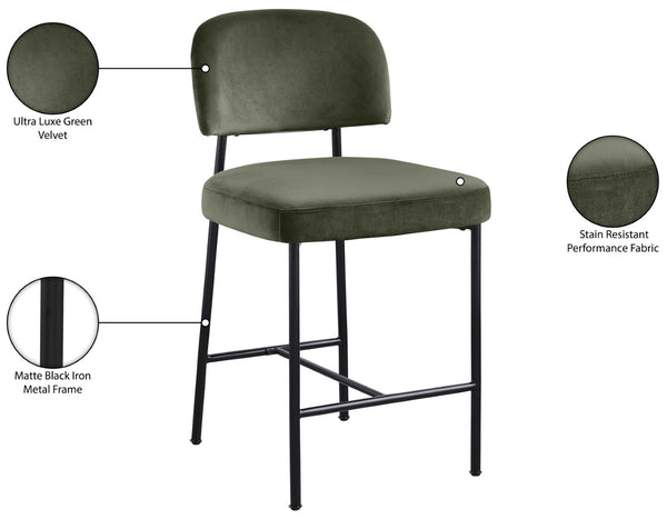 Meridian Furniture Zarelle Velvet Upholstered Counter Stool with Matte Black Iron Frame for Kitchen Islands Green 88022Green-C