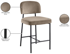 Meridian Furniture Zarelle Velvet Upholstered Counter Stool with Matte Black Iron Frame for Kitchen Islands Taupe 88022Taupe-C