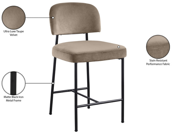 Meridian Furniture Zarelle Velvet Upholstered Counter Stool with Matte Black Iron Frame for Kitchen Islands Taupe 88022Taupe-C