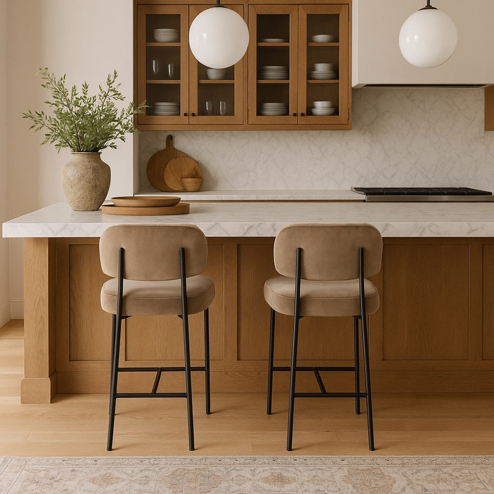 Meridian Furniture Zarelle Velvet Upholstered Counter Stool with Matte Black Iron Frame for Kitchen Islands Taupe 88022Taupe-C