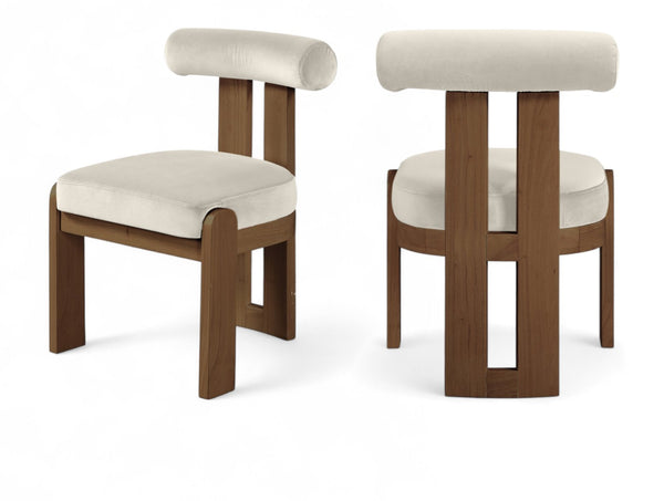 Meridian Furniture Arienzo Art Deco Velvet Dining Chair with Sculptural Back and Solid Wood Legs for Elegant Rooms Cream Style A 88023Cream-C