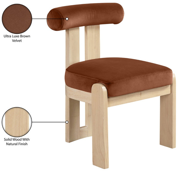 Meridian Furniture Arienzo Art Deco Velvet Dining Chair with Sculptural Back and Solid Wood Legs for Elegant Rooms Cognac Style B 88024Cognac-C
