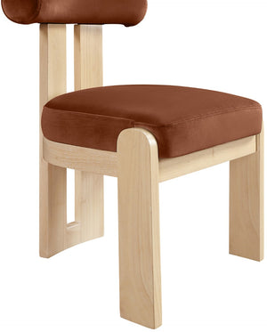 Meridian Furniture Arienzo Art Deco Velvet Dining Chair with Sculptural Back and Solid Wood Legs for Elegant Rooms Cognac Style B 88024Cognac-C