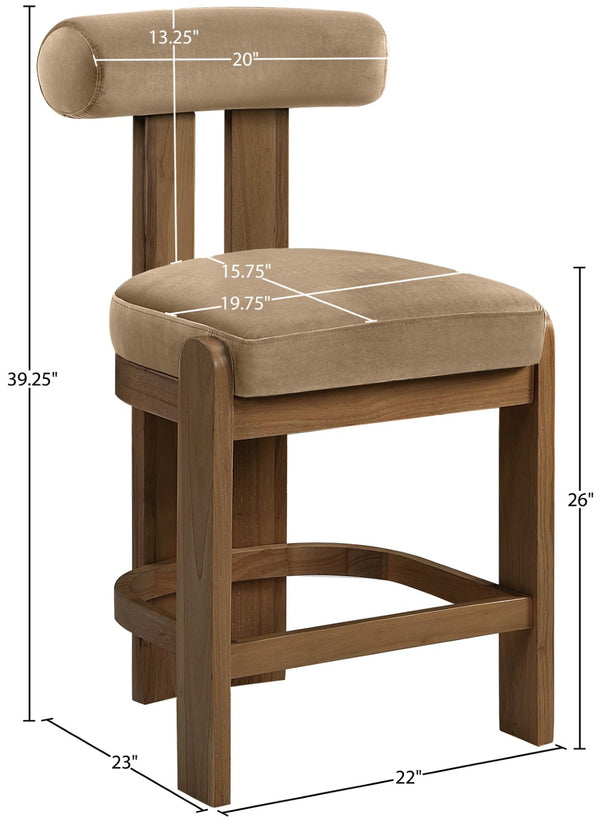 Meridian Furniture Arienzo Art Deco Velvet Counter Stool with Curved Back and Walnut Wood Legs for Kitchen Islands Beige Style A 88025Beige-C
