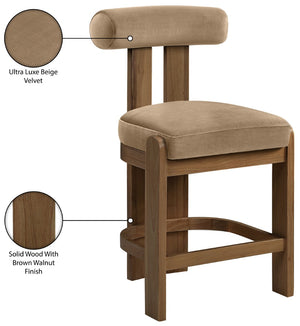 Meridian Furniture Arienzo Art Deco Velvet Counter Stool with Curved Back and Walnut Wood Legs for Kitchen Islands Beige Style A 88025Beige-C