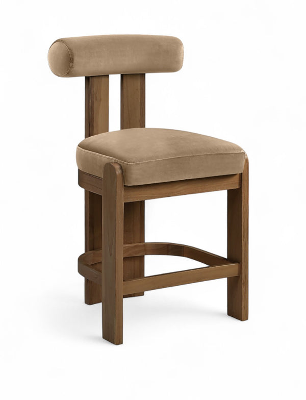 Meridian Furniture Arienzo Art Deco Velvet Counter Stool with Curved Back and Walnut Wood Legs for Kitchen Islands Beige Style A 88025Beige-C