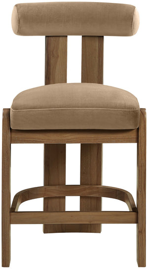 Meridian Furniture Arienzo Art Deco Velvet Counter Stool with Curved Back and Walnut Wood Legs for Kitchen Islands Beige Style A 88025Beige-C