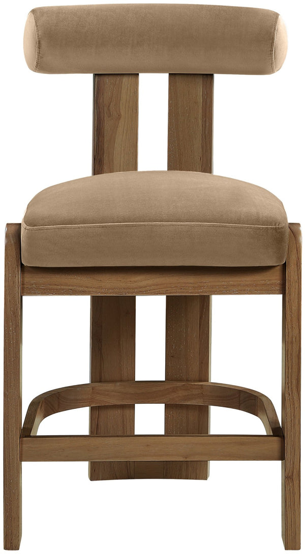 Meridian Furniture Arienzo Art Deco Velvet Counter Stool with Curved Back and Walnut Wood Legs for Kitchen Islands Beige Style A 88025Beige-C