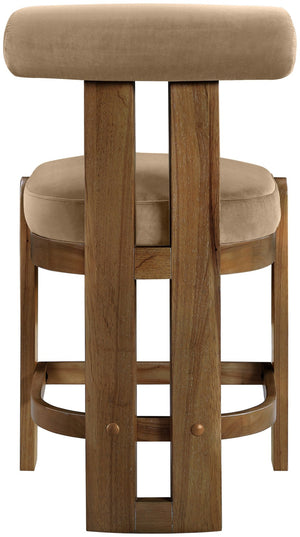 Meridian Furniture Arienzo Art Deco Velvet Counter Stool with Curved Back and Walnut Wood Legs for Kitchen Islands Beige Style A 88025Beige-C