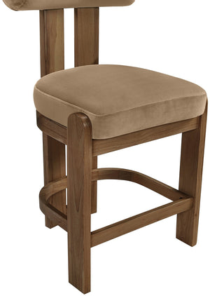 Meridian Furniture Arienzo Art Deco Velvet Counter Stool with Curved Back and Walnut Wood Legs for Kitchen Islands Beige Style A 88025Beige-C