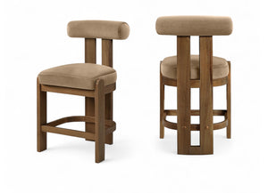 Meridian Furniture Arienzo Art Deco Velvet Counter Stool with Curved Back and Walnut Wood Legs for Kitchen Islands Beige Style A 88025Beige-C