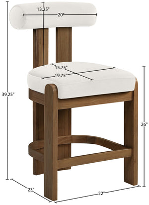 Meridian Furniture Arienzo Art Deco Velvet Counter Stool with Curved Back and Walnut Wood Legs for Kitchen Islands Cream Style A 88025Cream-C