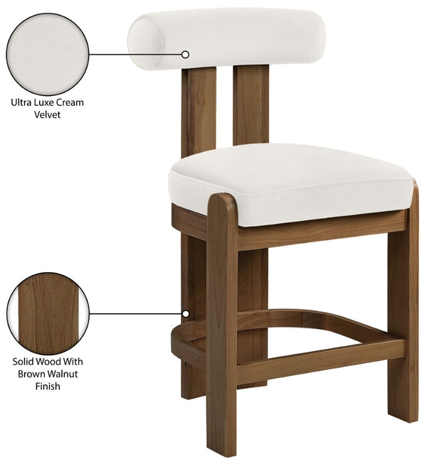 Meridian Furniture Arienzo Art Deco Velvet Counter Stool with Curved Back and Walnut Wood Legs for Kitchen Islands Cream Style A 88025Cream-C
