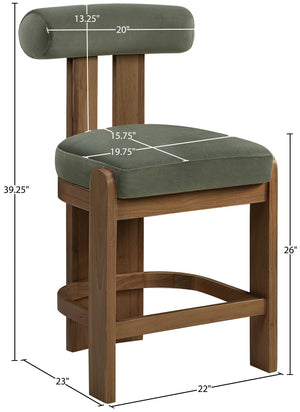 Meridian Furniture Arienzo Art Deco Velvet Counter Stool with Curved Back and Walnut Wood Legs for Kitchen Islands Green Style A 88025Green-C