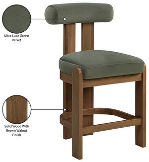 Meridian Furniture Arienzo Art Deco Velvet Counter Stool with Curved Back and Walnut Wood Legs for Kitchen Islands Green Style A 88025Green-C