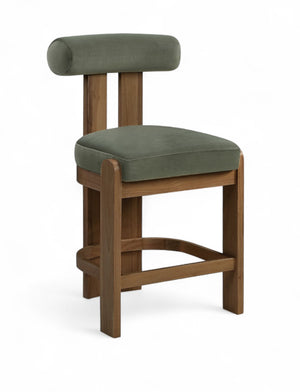 Meridian Furniture Arienzo Art Deco Velvet Counter Stool with Curved Back and Walnut Wood Legs for Kitchen Islands Green Style A 88025Green-C