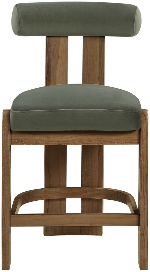 Meridian Furniture Arienzo Art Deco Velvet Counter Stool with Curved Back and Walnut Wood Legs for Kitchen Islands Green Style A 88025Green-C