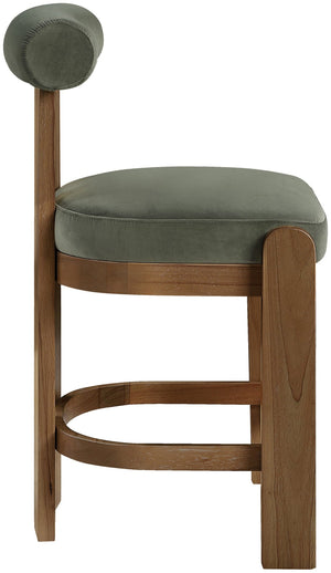 Meridian Furniture Arienzo Art Deco Velvet Counter Stool with Curved Back and Walnut Wood Legs for Kitchen Islands Green Style A 88025Green-C