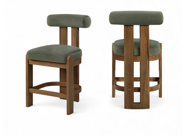 Meridian Furniture Arienzo Art Deco Velvet Counter Stool with Curved Back and Walnut Wood Legs for Kitchen Islands Green Style A 88025Green-C