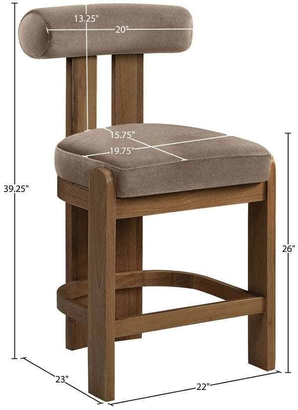 Meridian Furniture Arienzo Art Deco Velvet Counter Stool with Curved Back and Walnut Wood Legs for Kitchen Islands Taupe Style A 88025Taupe-C