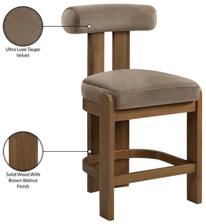 Meridian Furniture Arienzo Art Deco Velvet Counter Stool with Curved Back and Walnut Wood Legs for Kitchen Islands Taupe Style A 88025Taupe-C