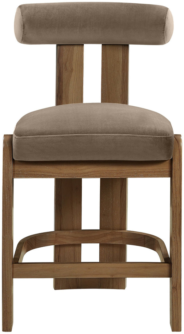 Meridian Furniture Arienzo Art Deco Velvet Counter Stool with Curved Back and Walnut Wood Legs for Kitchen Islands Taupe Style A 88025Taupe-C