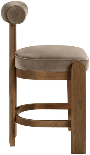 Meridian Furniture Arienzo Art Deco Velvet Counter Stool with Curved Back and Walnut Wood Legs for Kitchen Islands Taupe Style A 88025Taupe-C