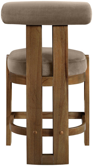 Meridian Furniture Arienzo Art Deco Velvet Counter Stool with Curved Back and Walnut Wood Legs for Kitchen Islands Taupe Style A 88025Taupe-C