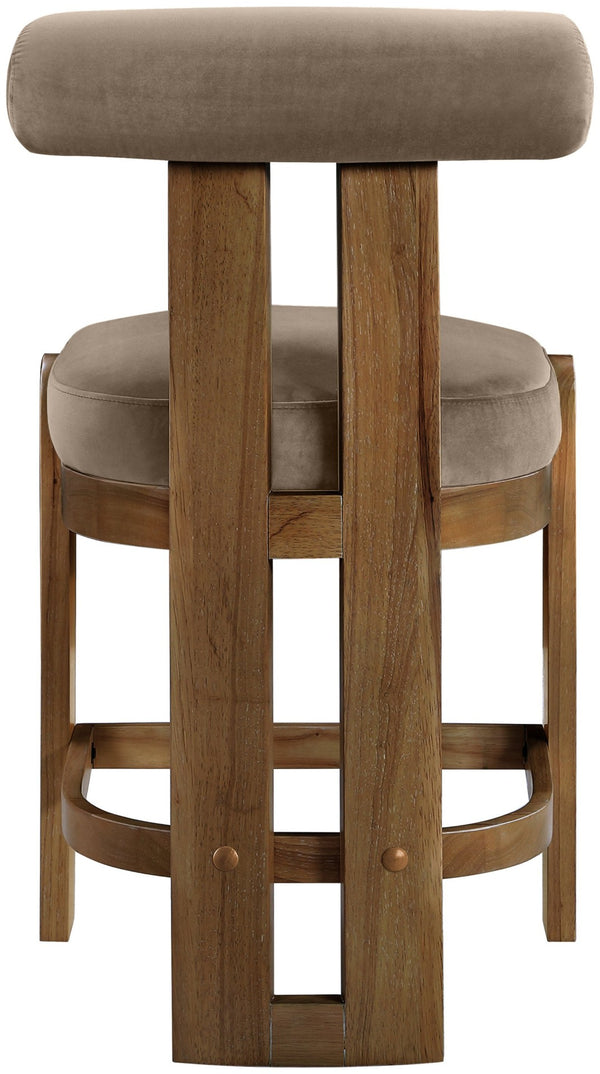 Meridian Furniture Arienzo Art Deco Velvet Counter Stool with Curved Back and Walnut Wood Legs for Kitchen Islands Taupe Style A 88025Taupe-C