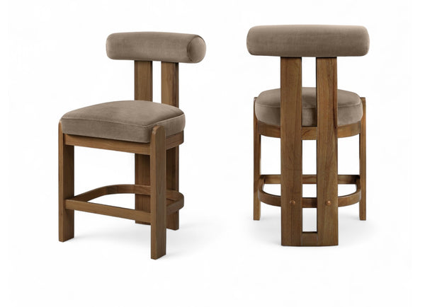Meridian Furniture Arienzo Art Deco Velvet Counter Stool with Curved Back and Walnut Wood Legs for Kitchen Islands Taupe Style A 88025Taupe-C