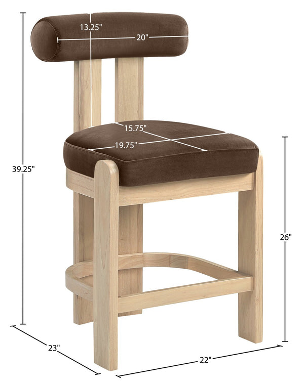 Meridian Furniture Arienzo Art Deco Velvet Counter Stool with Curved Back and Walnut Wood Legs for Kitchen Islands Brown Style B 88026Brown-C